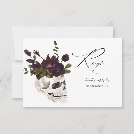 Halloween Paarse Floral & Skull w Meal RSVP Card (Voorkant)