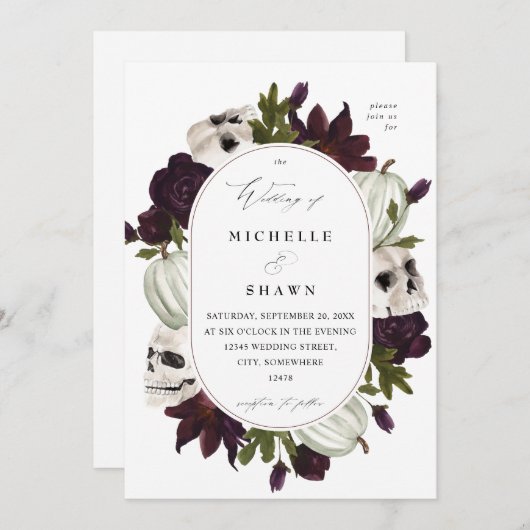 Halloween Paarse Floral & Skull Weddenschap White Kaart (Voorkant / Achterkant)
