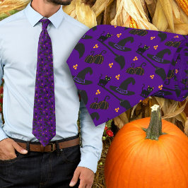 Halloween Paarse Katten Heksenhoed patroon Stropdas