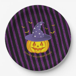 Halloween Paarse Sparkles & Black Stripes Pumpkin Papieren Bordje