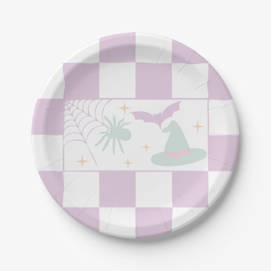 Halloween Paarse Spooky Season Checkerboard Papieren Bordje (Voorkant)