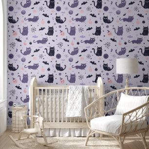 Halloween Paarse zwarte kat Behang