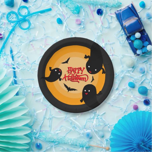 Halloween Paper Party Plate with Ghosts and Bats Papieren Bordje (Feest)