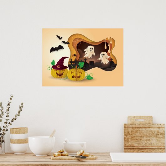 Halloween Papercut begraafplaats Ghosts Poster (Keuken)