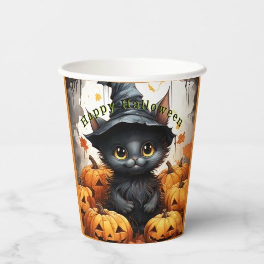 Halloween Papier Cups Zwart Kitten Pompoenen Papieren Bekers (Achterkant)