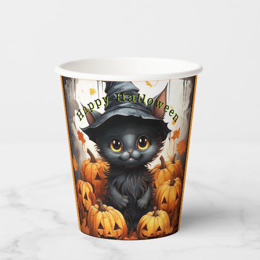 Halloween Papier Cups Zwart Kitten Pompoenen Papieren Bekers (Voorkant)