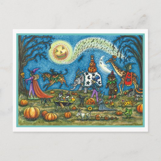 HALLOWEEN PARADE Witch Giraffe Beer Zebra Skellies Feestdagenkaart (Voorkant)