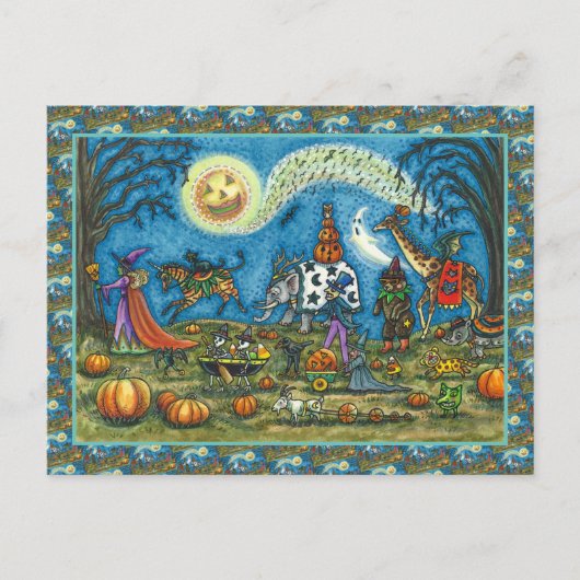 HALLOWEEN PARADE Witch Giraffe Beer Zebra Skellies Feestdagenkaart (Voorkant)