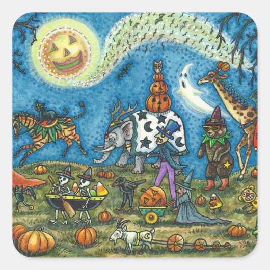 HALLOWEEN PARADE Witch Giraffe Beer Zebra Skellies Vierkante Sticker (Voorkant)