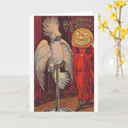 Halloween Parrot en Pomkin Kaart (Gele Bloem)