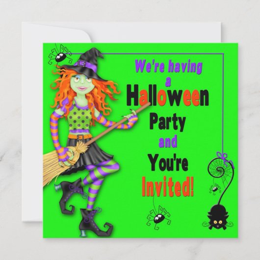 HALLOWEEN PARTIJ INVITE - KINDER - WITCHES/SPIDERS KAART (Voorkant)