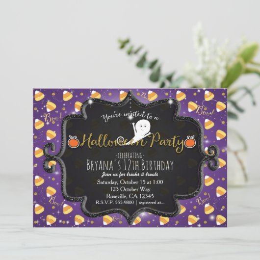 HALLOWEEN PARTITY Candy Corn Ghost Invitation Kaart (Staand voorkant)