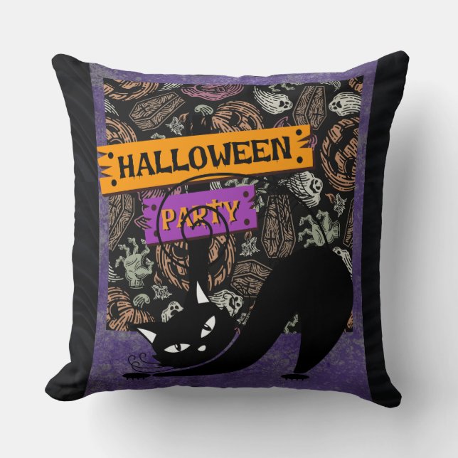 Halloween Party and Black Cat , Throw Pillow Kussen (Voorkant)