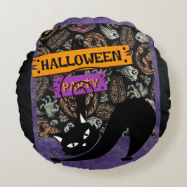 Halloween Party and Black Cat , Throw Pillow Rond Kussen