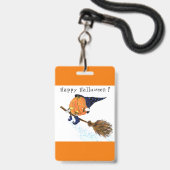 Halloween Party Badge Witch Pumpkin Flying Broom (Voorzijde met lanyard)