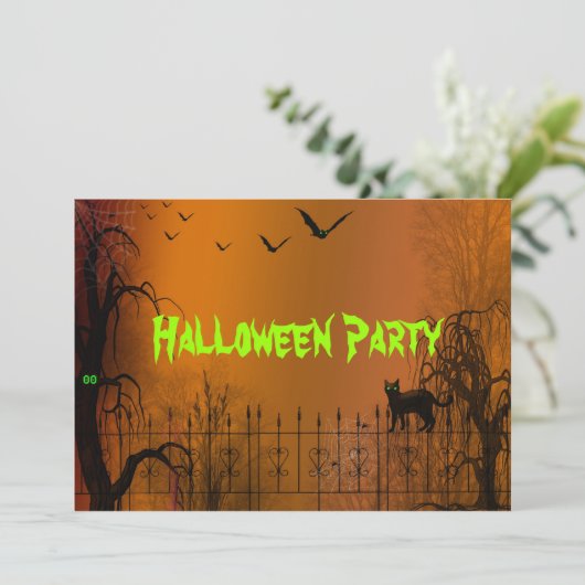 Halloween Party Bats en Black Cat Uitnodiging (Staand voorkant)