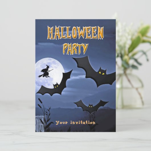 Halloween Party Bats Flying Witch Uitnodiging (Staand voorkant)