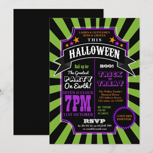 Halloween Party Black and Green Carnival-uitnodigi Kaart (Voorkant / Achterkant)