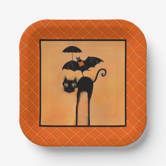 Halloween Party Black Cat and Bat Paper Plates Papieren Bordje (Voorkant)
