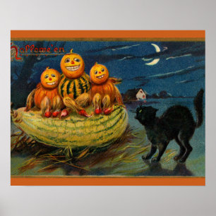 Halloween Party Black Cat Scary Pumpkins Poster