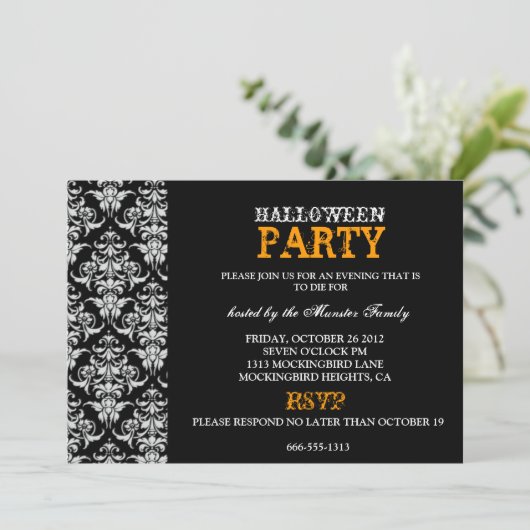 Halloween Party - Black Gothic Damask Kaart (Staand voorkant)