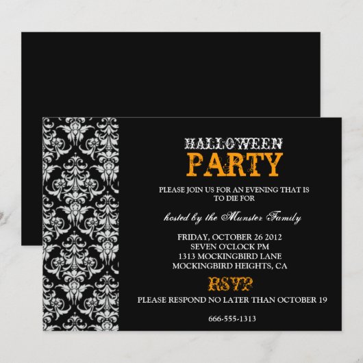 Halloween Party - Black Gothic Damask Kaart (Voorkant / Achterkant)