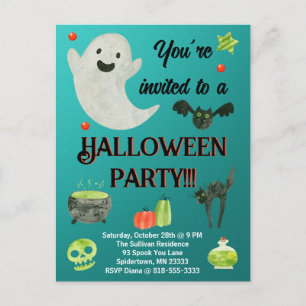 Halloween Party Blauwgroen en Groen Briefkaart