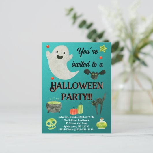 Halloween Party Blauwgroen en Groen Briefkaart (Staand voorkant)