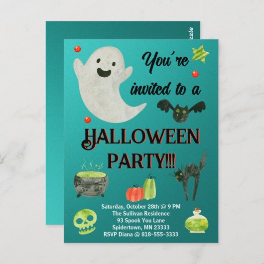 Halloween Party Blauwgroen en Groen Briefkaart (Voorkant / Achterkant)