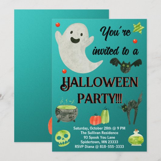 Halloween Party Blauwgroen en Groen Kaart (Voorkant / Achterkant)