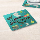 Halloween Party Blauwgroen en Groen Kartonnen Onderzetters (Schuin)