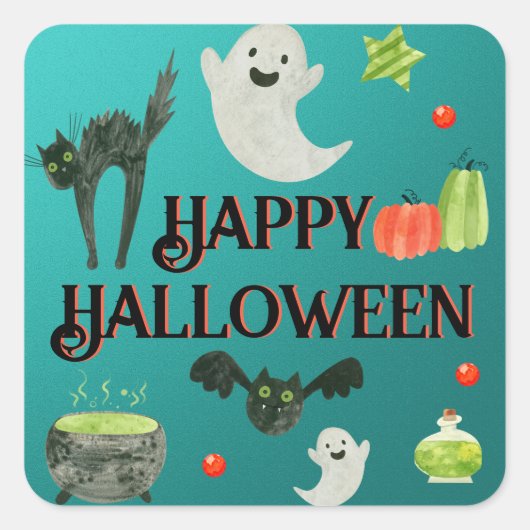 Halloween Party Blauwgroen en Groen Vierkante Sticker (Voorkant)