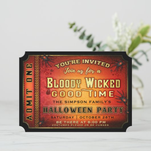 Halloween Party Bloody Wicked Ticket Uitnodiging (Staand voorkant)