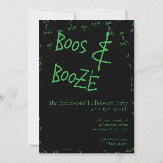 Halloween Party Boos and Booze Green Black Kaart (Voorkant)
