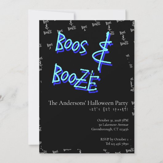 Halloween Party Boos and Booze Neon Blue Kaart (Voorkant)