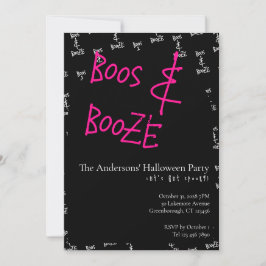 Halloween Party Boos and Booze Pink Black White Kaart