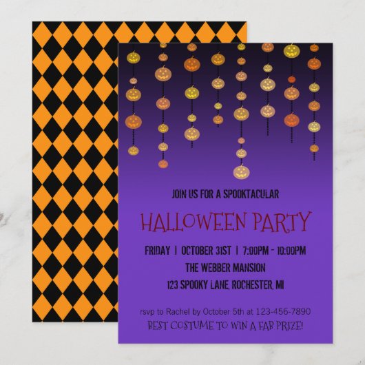 Halloween party call jack o' lantaarns strings kaart (Voorkant / Achterkant)