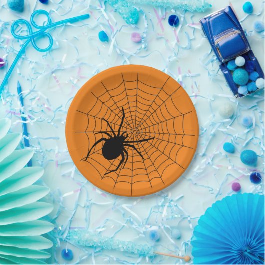 Halloween Party Creepy Spider Web Sinaasappel Zwar Papieren Bordje (Feest)