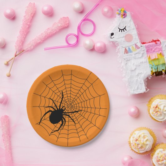 Halloween Party Creepy Spider Web Sinaasappel Zwar Papieren Bordje (Feest)