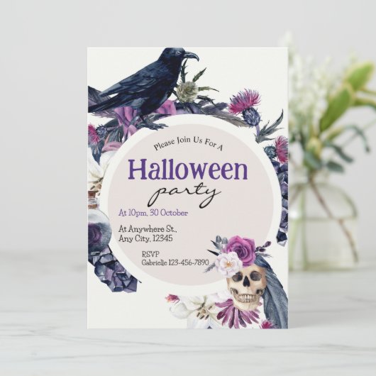 Halloween Party Crow & Skull Mood Kaart (Staand voorkant)