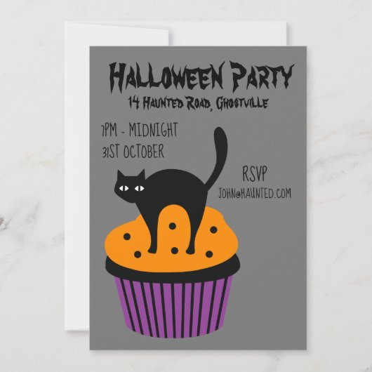 Halloween party cupcake kat zwart-oranje kaart (Voorkant)