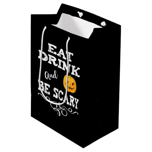 Halloween Party Eat Drink & Be Scary Pumpkin Face Medium Cadeauzakje (Voorkant Gekanteld)
