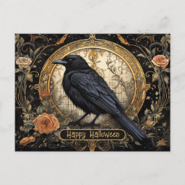 Halloween Party Evil Black Crow Oranje Bloemen Briefkaart