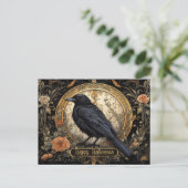 Halloween Party Evil Black Crow Oranje Bloemen Briefkaart (Staand voorkant)