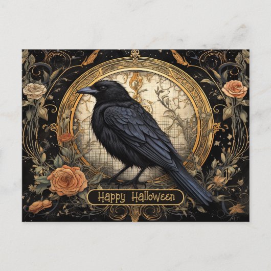 Halloween Party Evil Black Crow Oranje Bloemen Briefkaart (Voorkant)