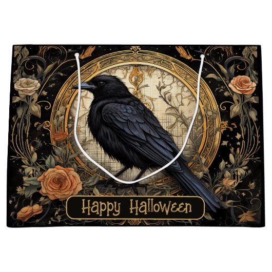 Halloween Party Evil Black Crow Oranje Bloemen Groot Cadeauzakje (Voorkant)