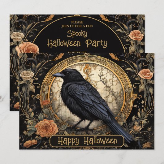 Halloween Party Evil Black Crow Oranje Bloemen Kaart (Voorkant / Achterkant)