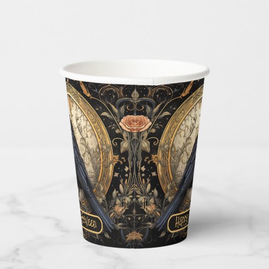 Halloween Party Evil Black Crow Oranje Bloemen Papieren Bekers (Rechts)