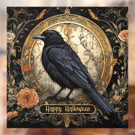 Halloween Party Evil Black Crow Oranje Bloemen Raamsticker