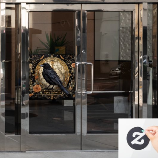 Halloween Party Evil Black Crow Oranje Bloemen Raamsticker (Kantoordeur)